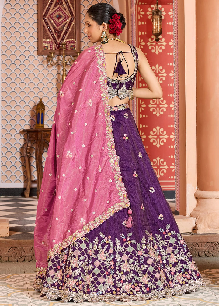 Indigo Purple Embroidered Tissue Lehenga Choli with Sequins Work