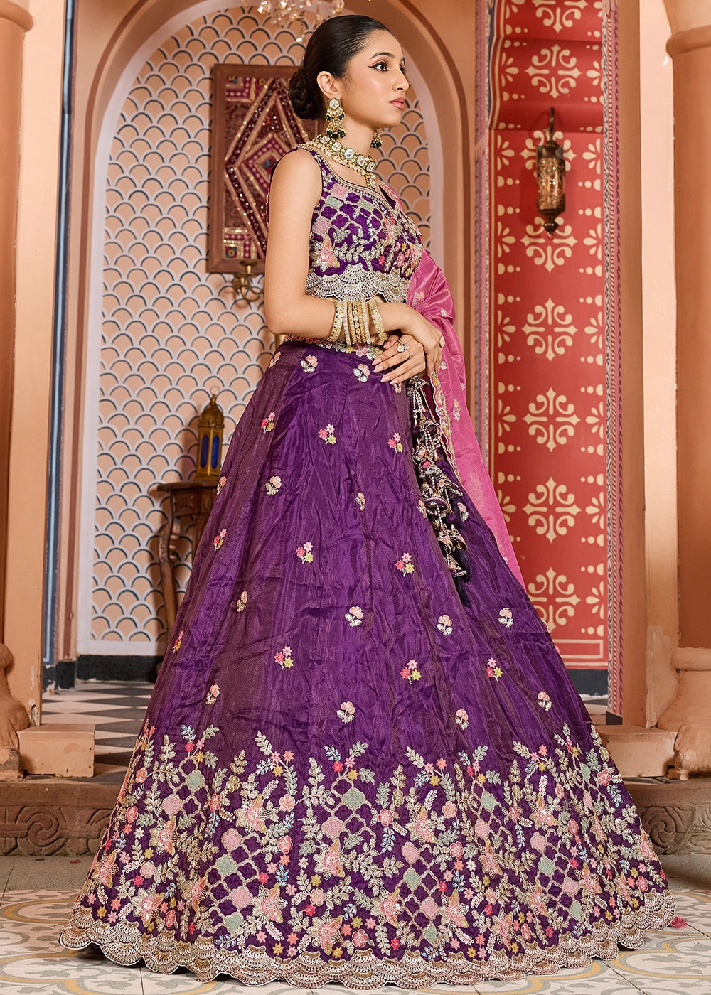 Indigo Purple Embroidered Tissue Lehenga Choli with Sequins Work