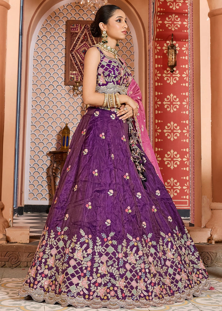 Indigo Purple Embroidered Tissue Lehenga Choli with Sequins Work