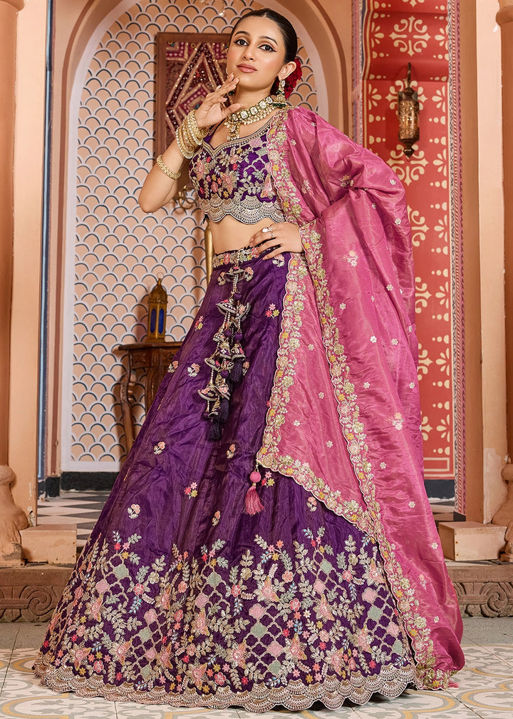 Indigo Purple Embroidered Tissue Lehenga Choli with Sequins Work