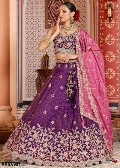 Indigo Purple Embroidered Tissue Lehenga Choli with Sequins Work
