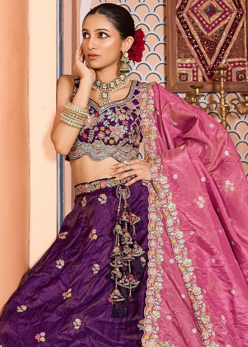 Indigo Purple Embroidered Tissue Lehenga Choli with Sequins Work