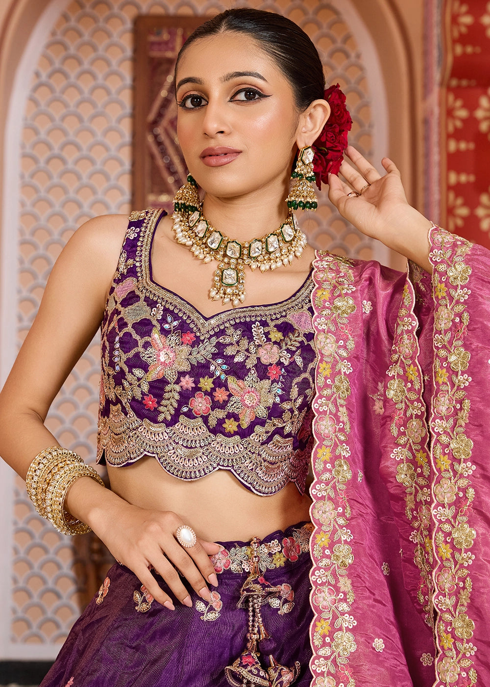 Indigo Purple Embroidered Tissue Lehenga Choli with Sequins Work