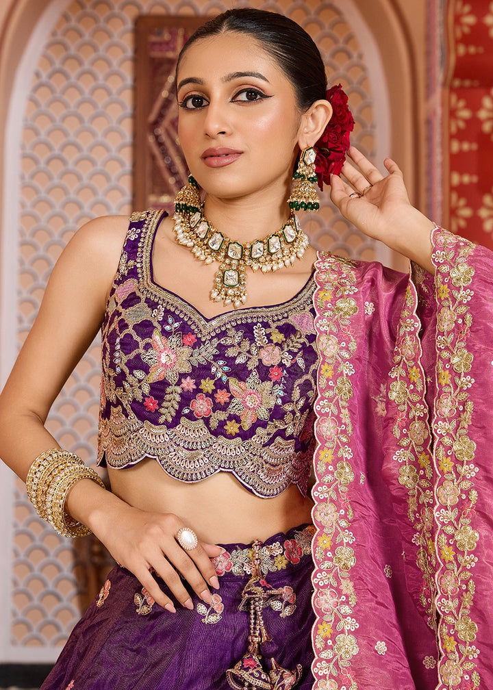 Indigo Purple Embroidered Tissue Lehenga Choli with Sequins Work