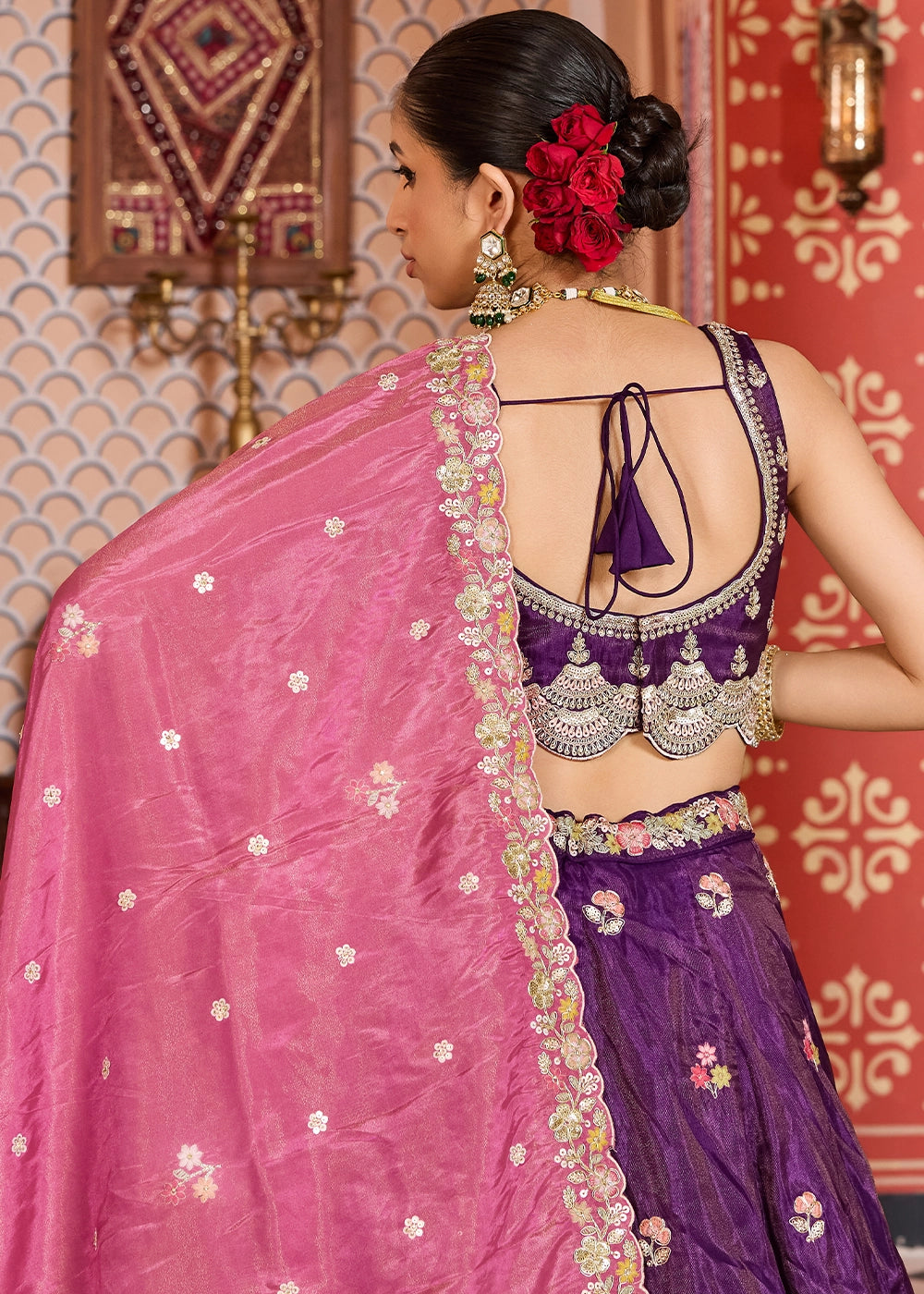 Indigo Purple Embroidered Tissue Lehenga Choli with Sequins Work