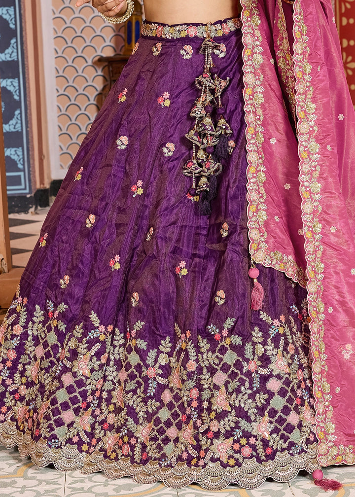 Indigo Purple Embroidered Tissue Lehenga Choli with Sequins Work