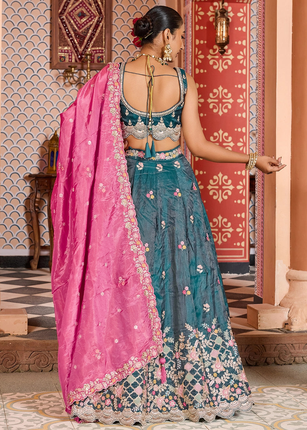 Rama Green Embroidered Tissue Lehenga Choli with Sequins Work