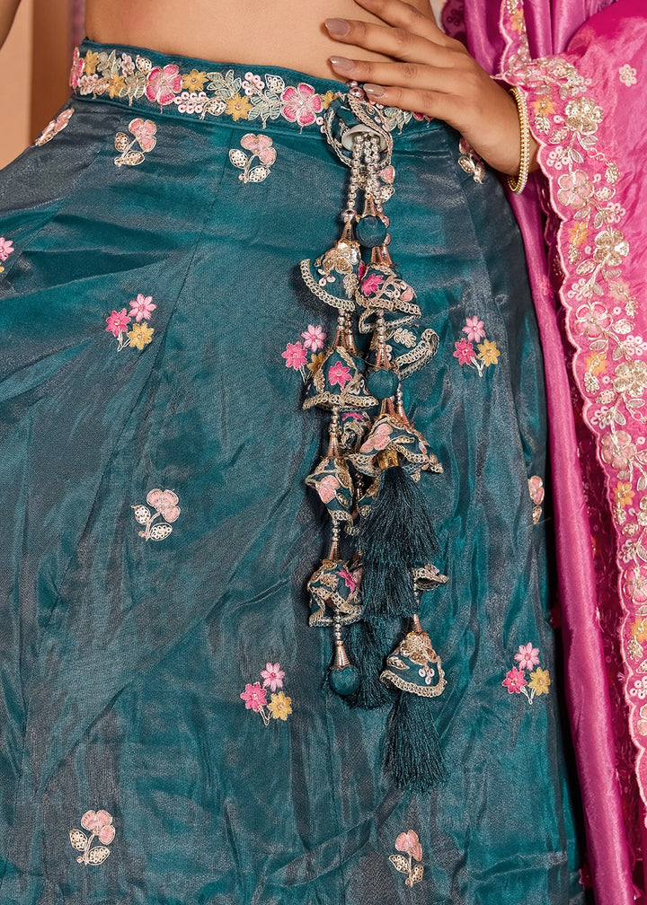 Rama Green Embroidered Tissue Lehenga Choli with Sequins Work