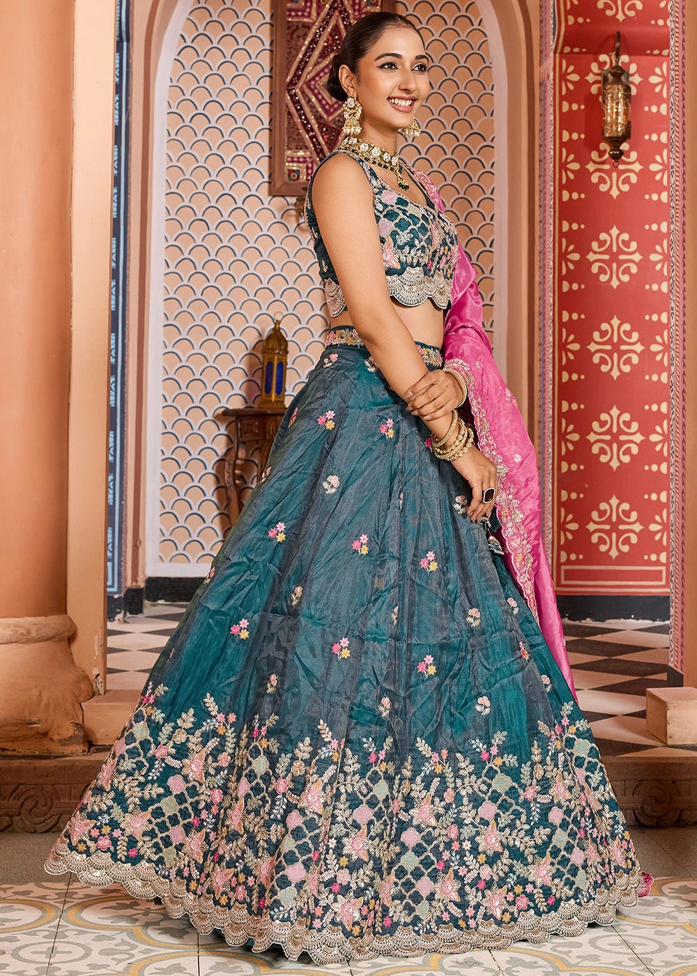 Rama Green Embroidered Tissue Lehenga Choli with Sequins Work
