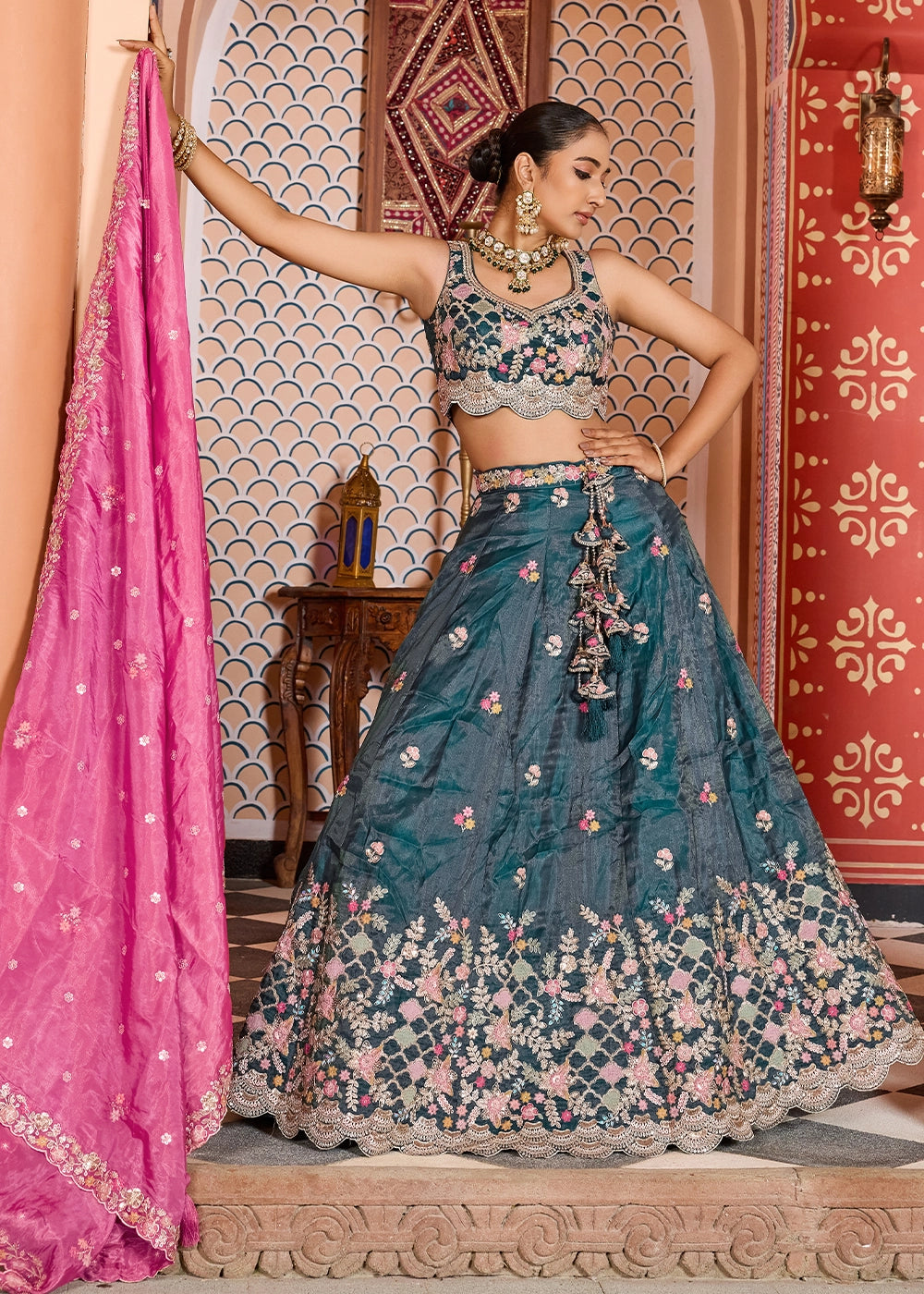 Rama Green Embroidered Tissue Lehenga Choli with Sequins Work