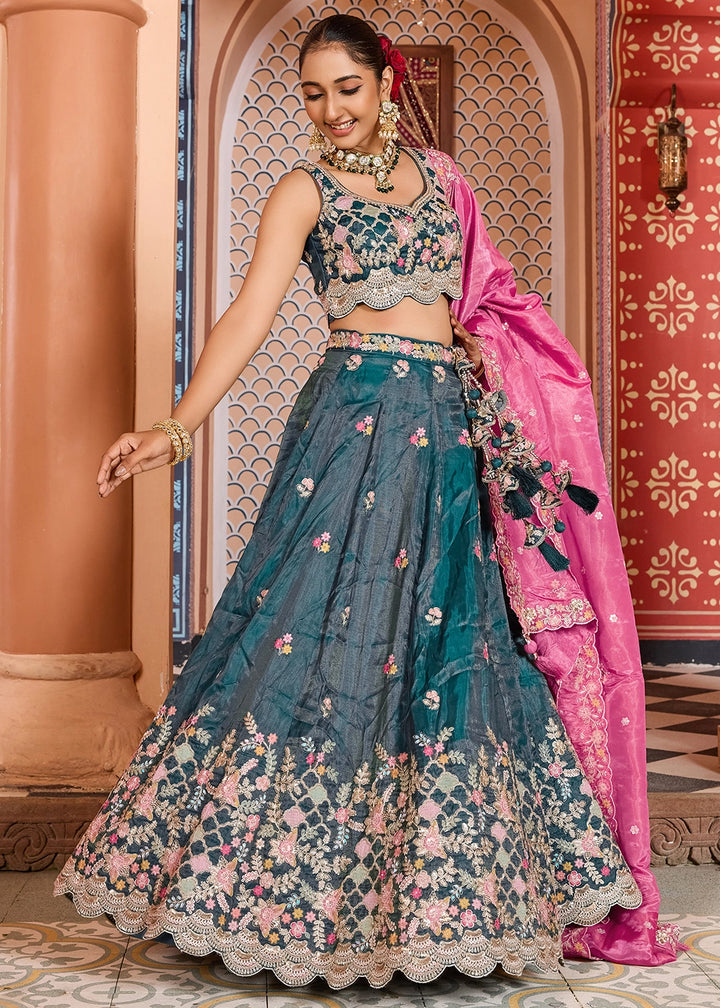Rama Green Embroidered Tissue Lehenga Choli with Sequins Work