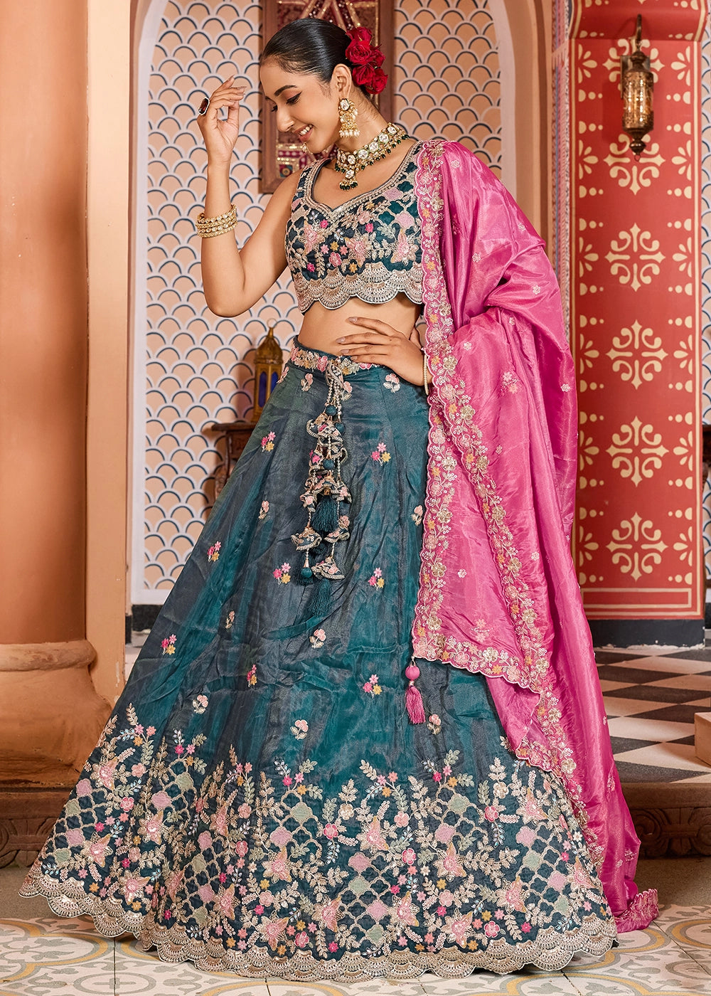 Rama Green Embroidered Tissue Lehenga Choli with Sequins Work