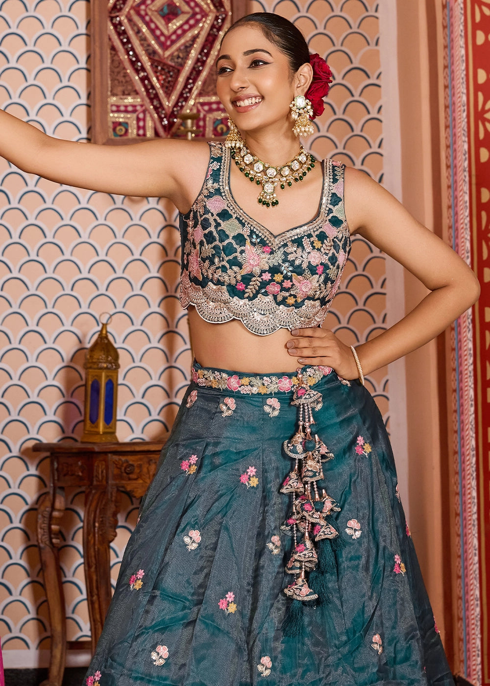 Rama Green Embroidered Tissue Lehenga Choli with Sequins Work