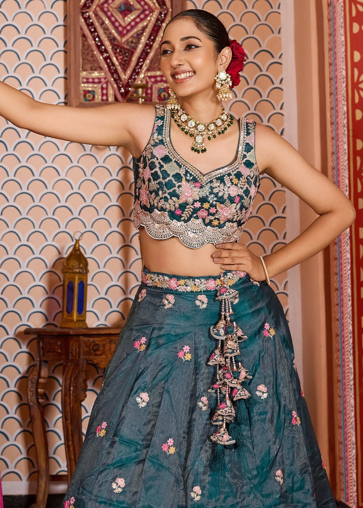 Rama Green Embroidered Tissue Lehenga Choli with Sequins Work