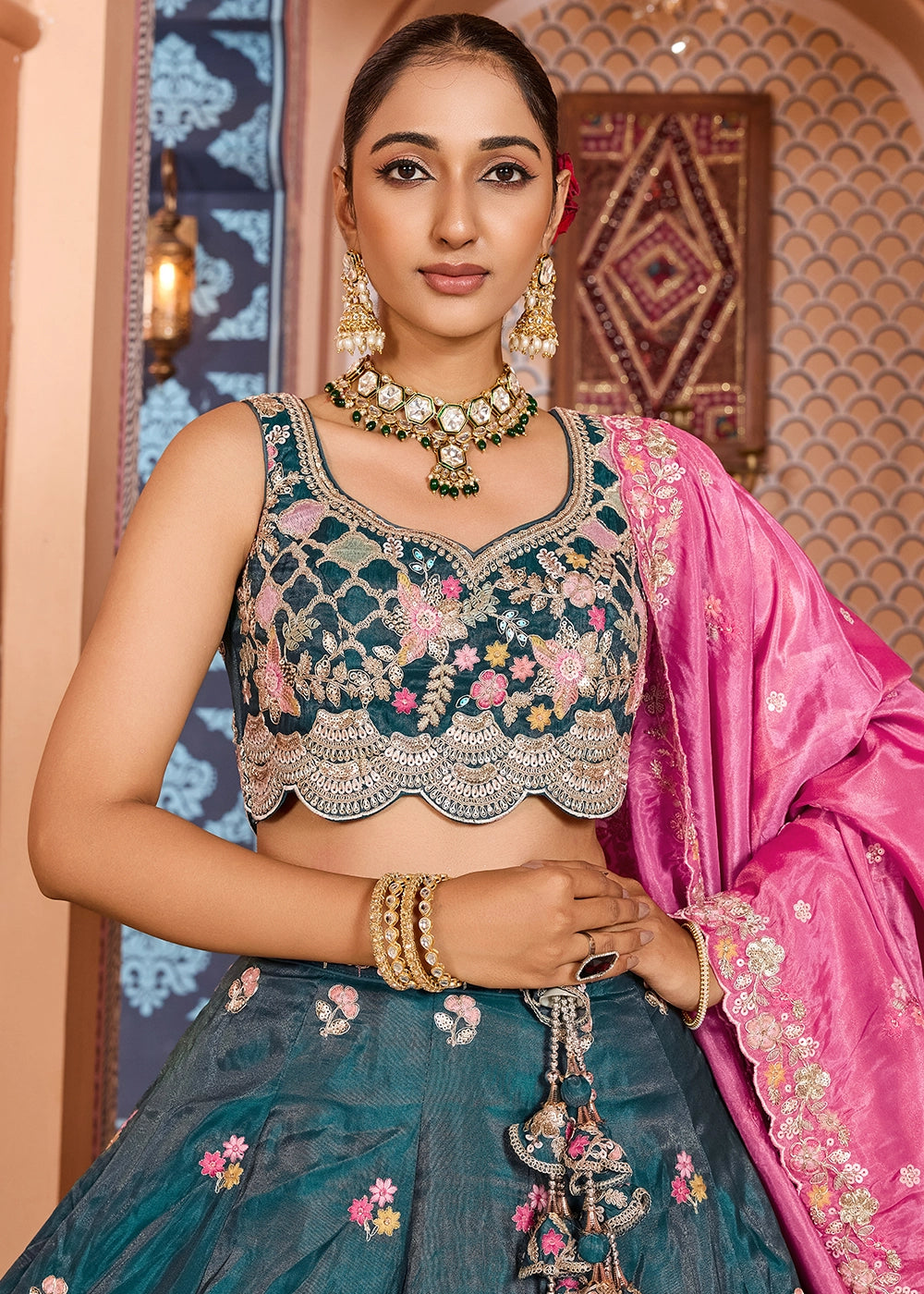 Rama Green Embroidered Tissue Lehenga Choli with Sequins Work
