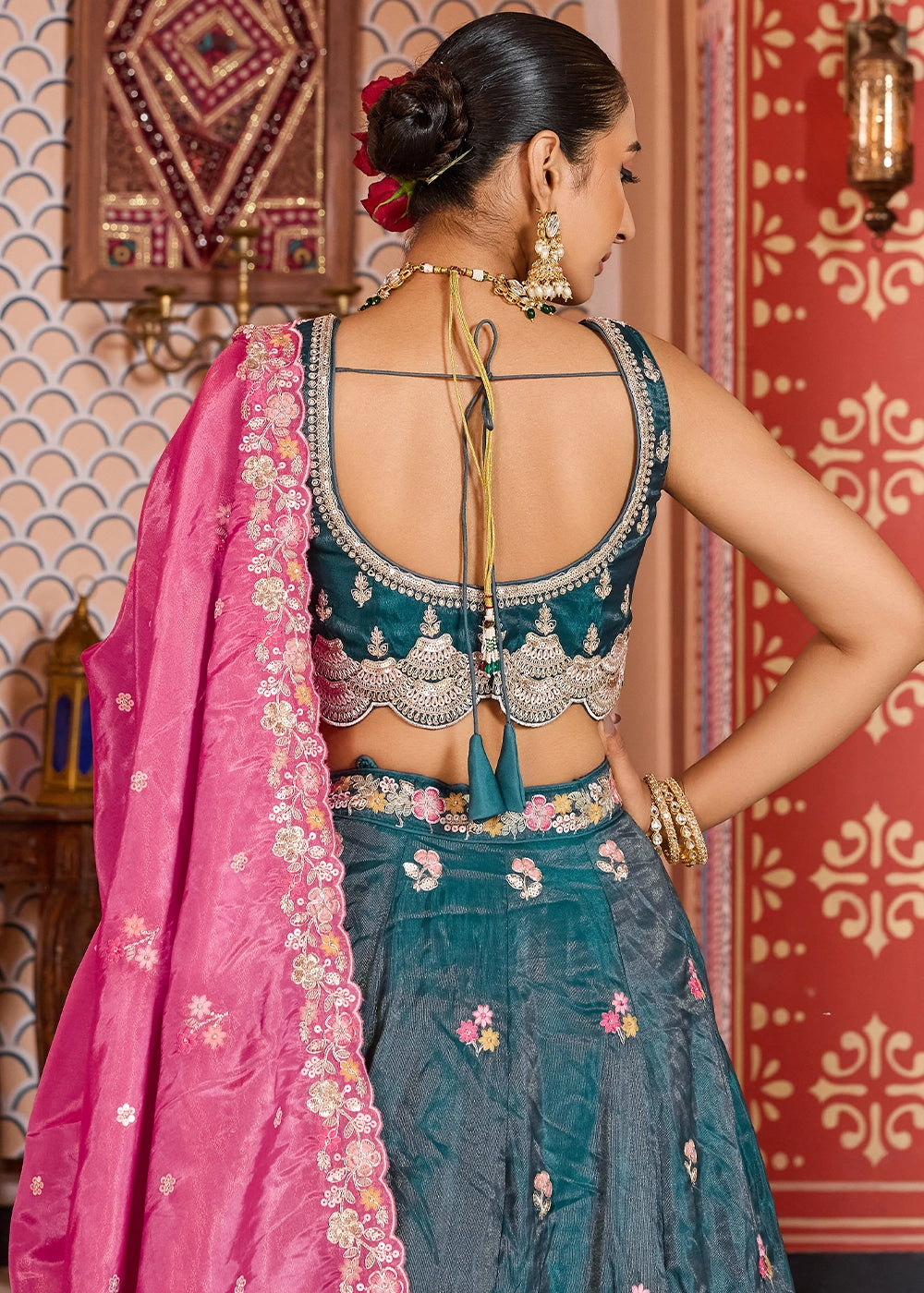 Rama Green Embroidered Tissue Lehenga Choli with Sequins Work