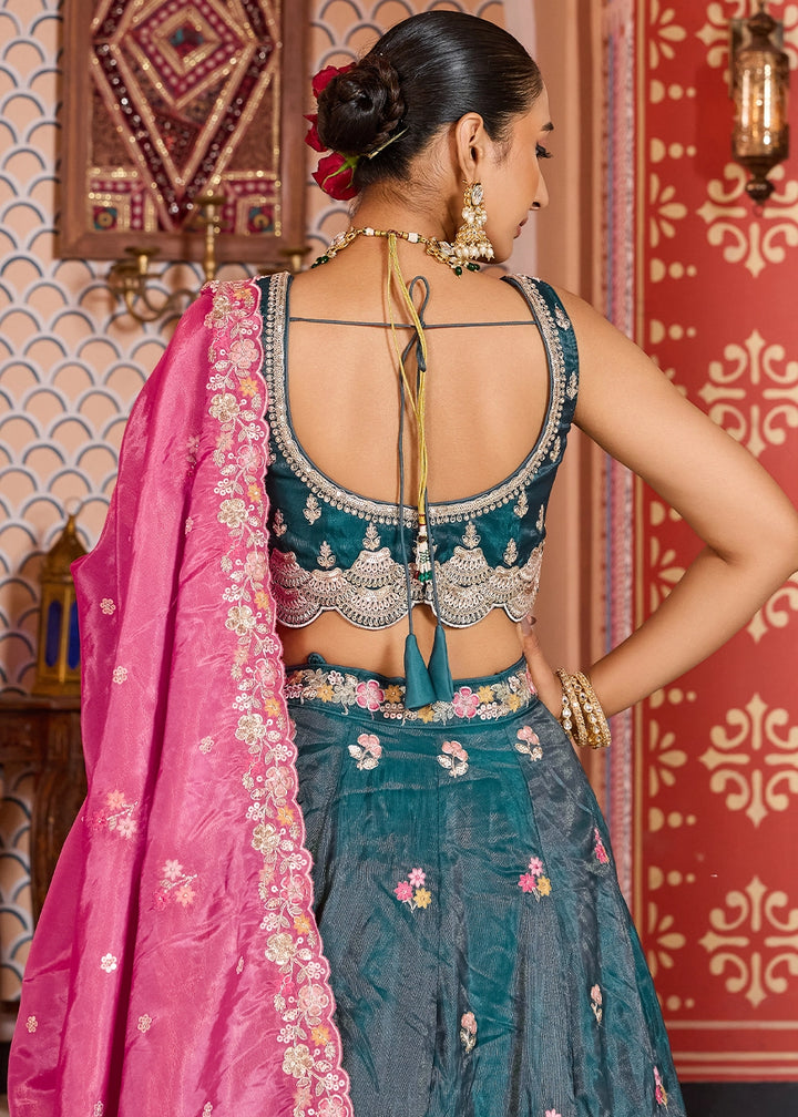 Rama Green Embroidered Tissue Lehenga Choli with Sequins Work
