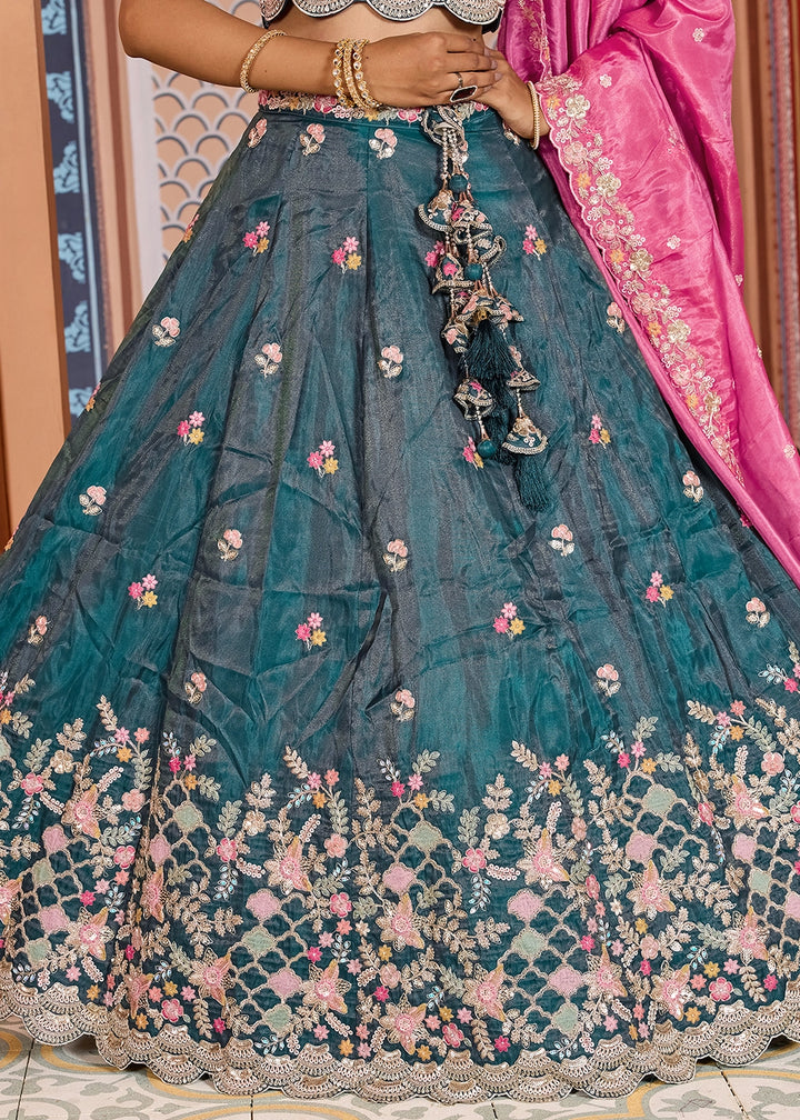 Rama Green Embroidered Tissue Lehenga Choli with Sequins Work