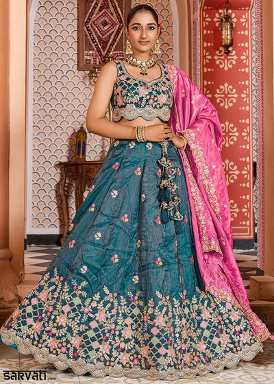 Rama Green Embroidered Tissue Lehenga Choli with Sequins Work