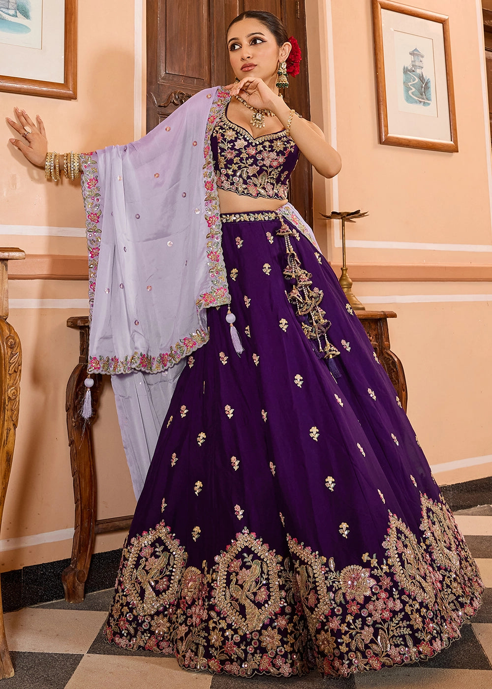 Royal Purple Embroidered Georgette Lehenga Choli with Sequins Work