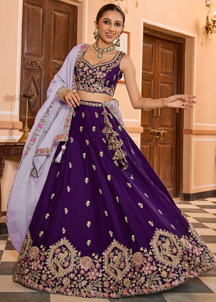 Royal Purple Embroidered Georgette Lehenga Choli with Sequins Work