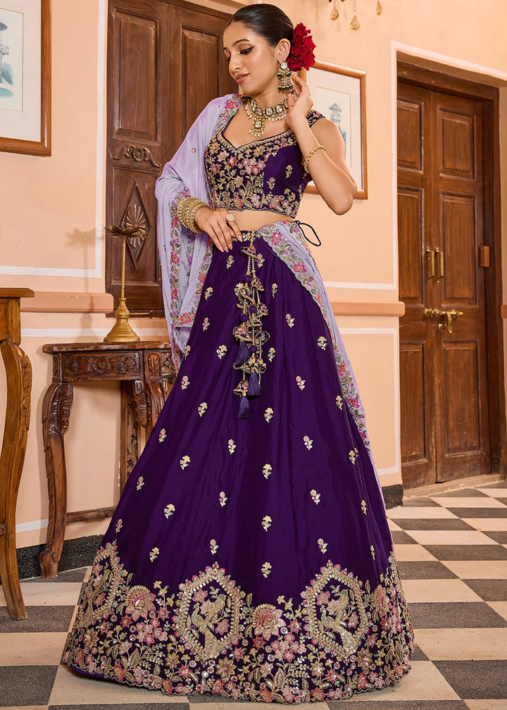 Royal Purple Embroidered Georgette Lehenga Choli with Sequins Work