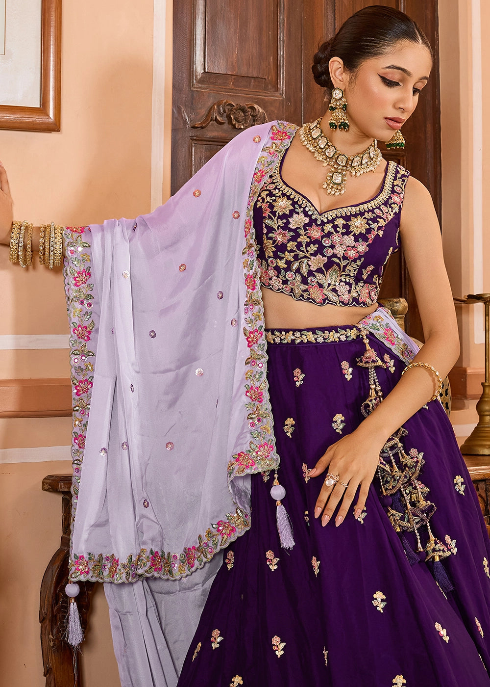 Royal Purple Embroidered Georgette Lehenga Choli with Sequins Work
