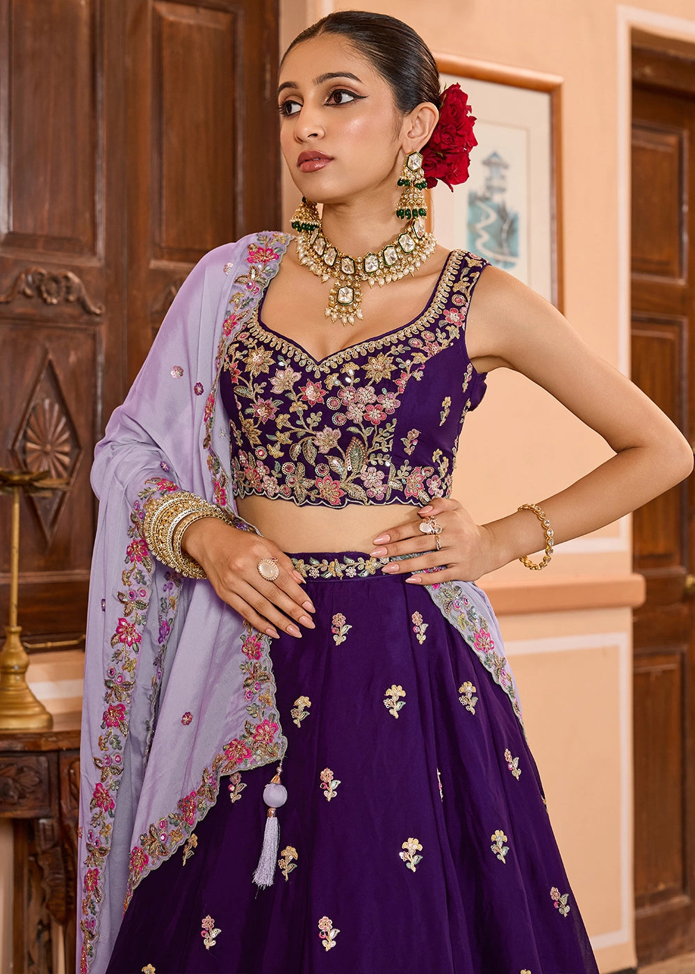 Royal Purple Embroidered Georgette Lehenga Choli with Sequins Work