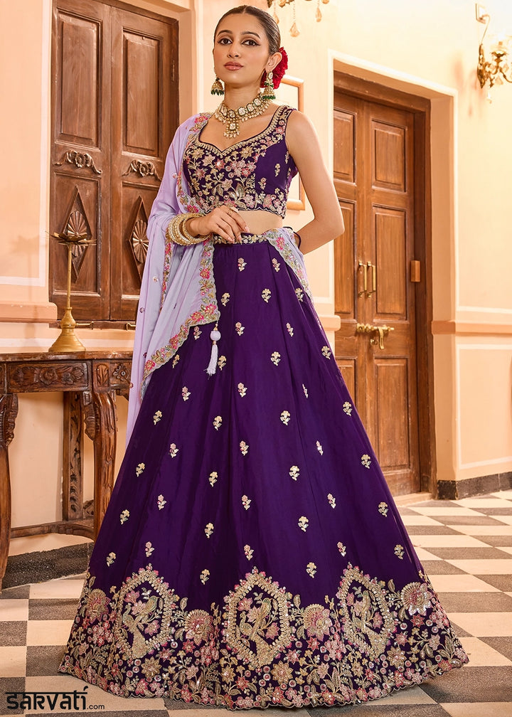 Royal Purple Embroidered Georgette Lehenga Choli with Sequins Work