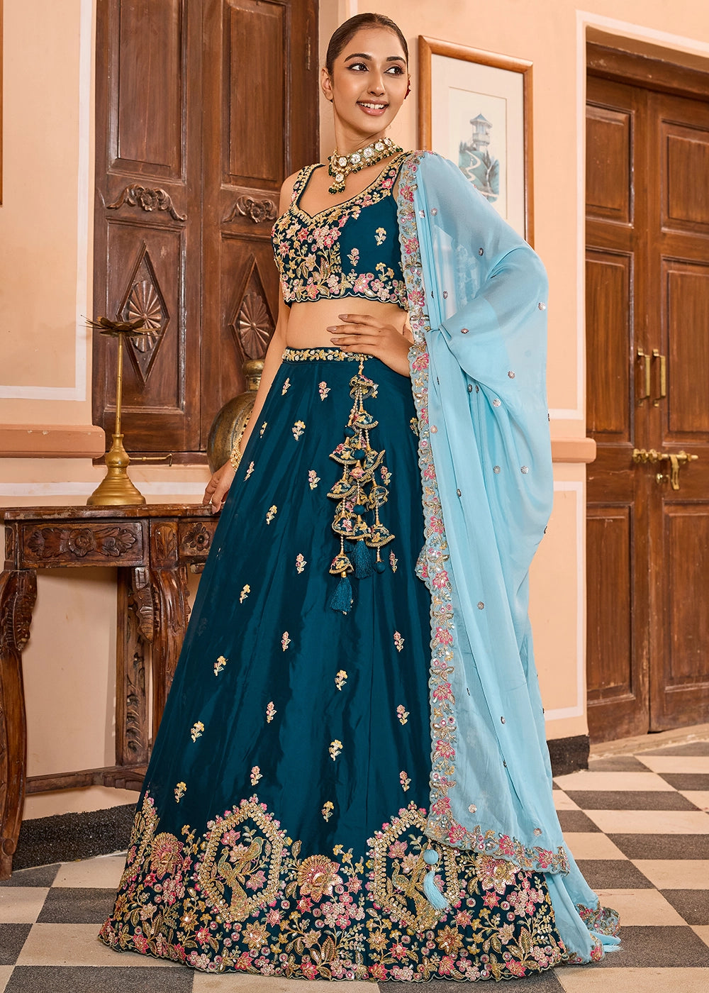 Rama Green Embroidered Georgette Lehenga Choli with Sequins Work