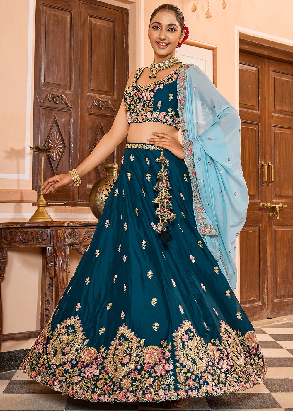 Rama Green Embroidered Georgette Lehenga Choli with Sequins Work