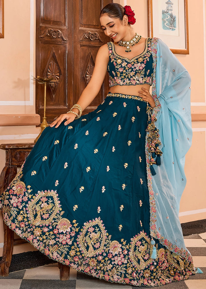 Rama Green Embroidered Georgette Lehenga Choli with Sequins Work