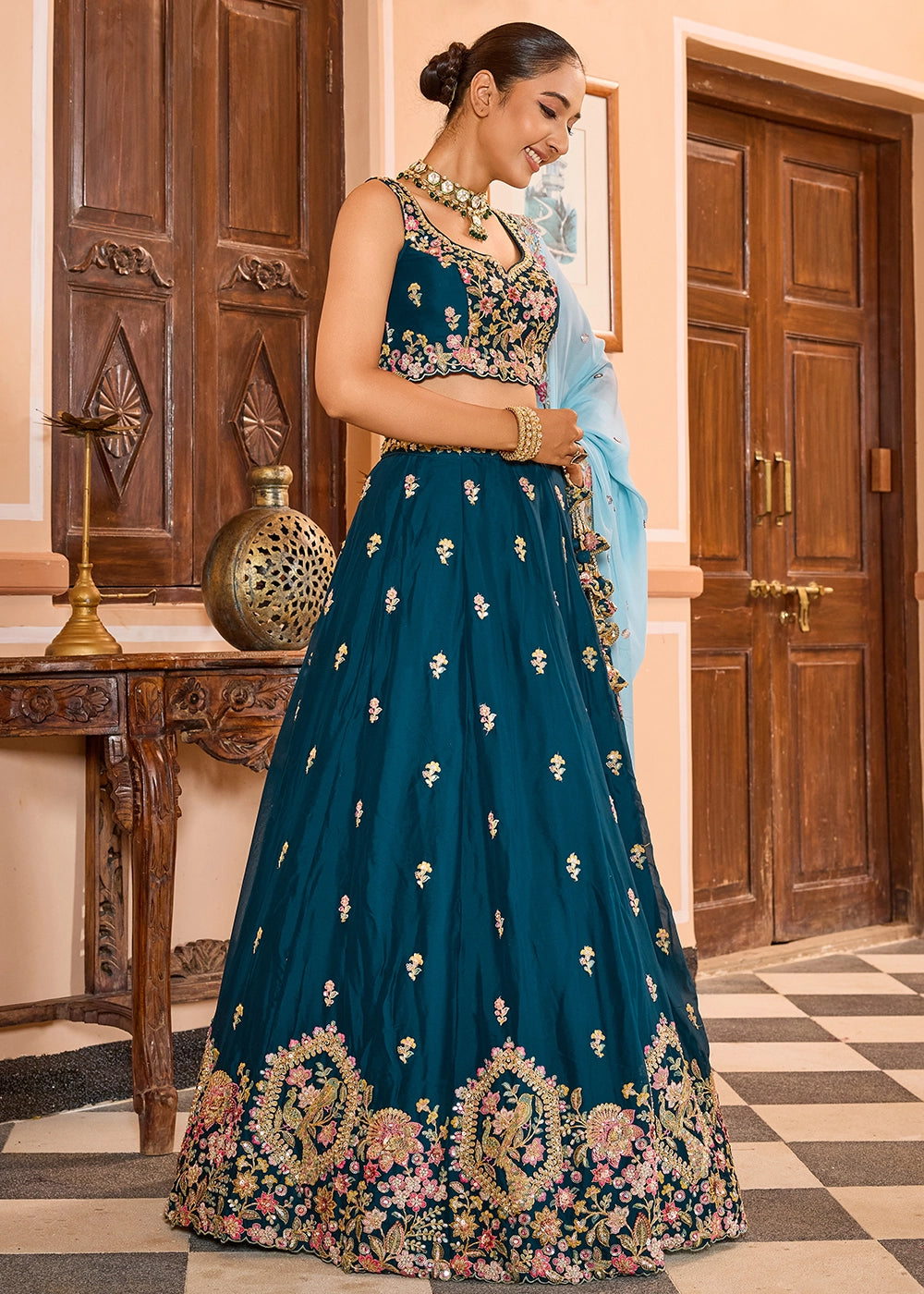 Rama Green Embroidered Georgette Lehenga Choli with Sequins Work