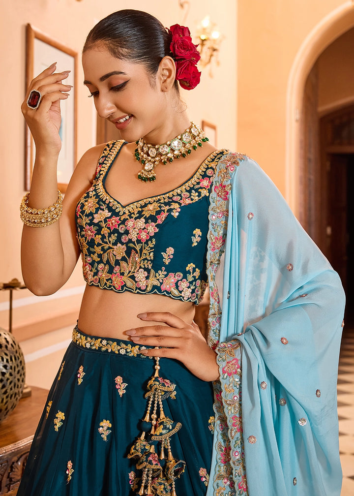 Rama Green Embroidered Georgette Lehenga Choli with Sequins Work