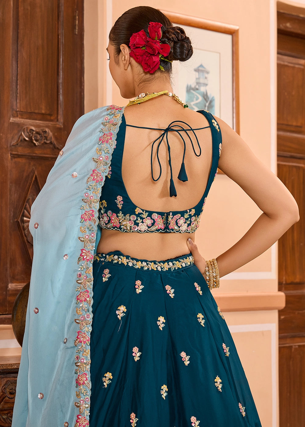 Rama Green Embroidered Georgette Lehenga Choli with Sequins Work