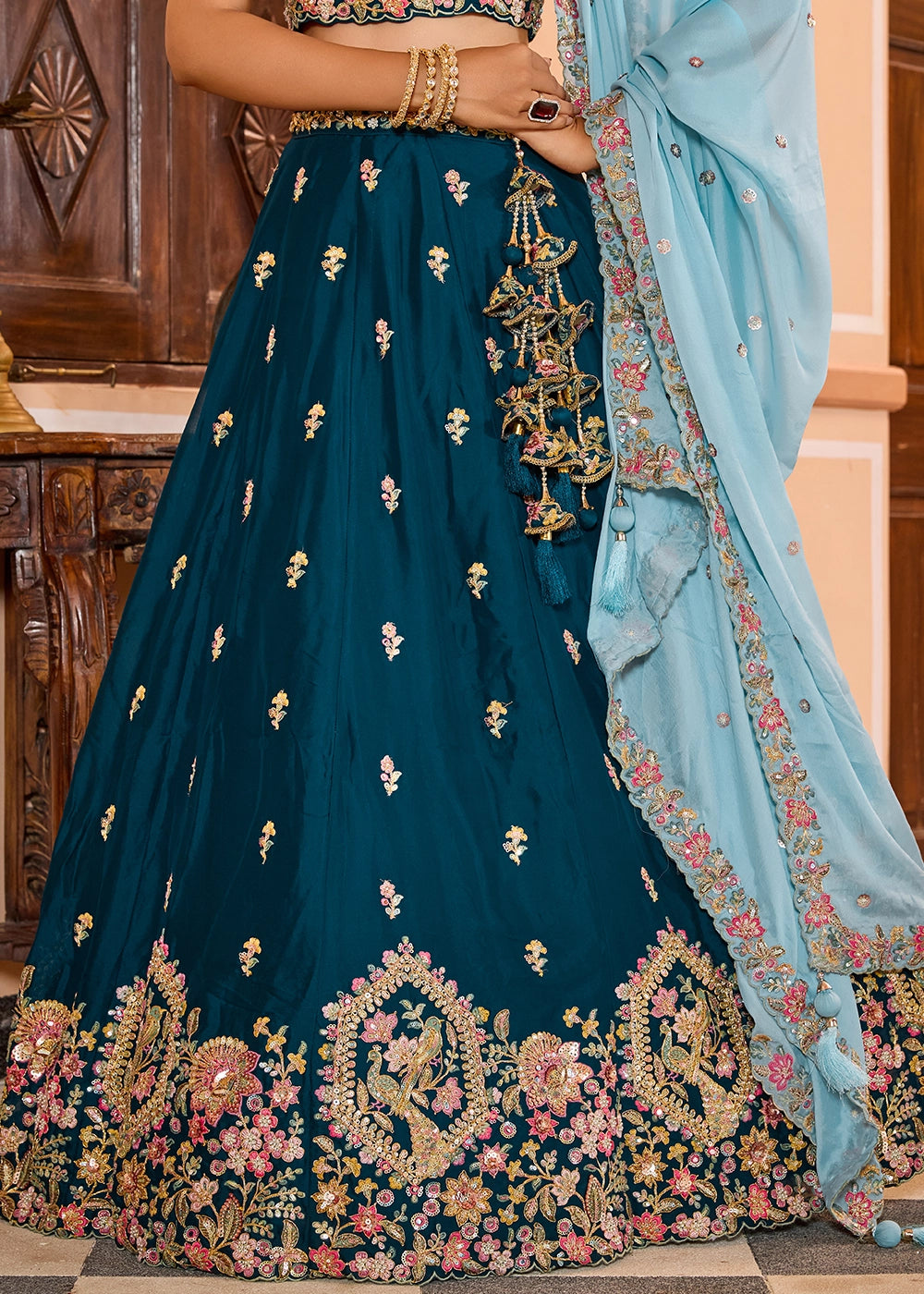 Rama Green Embroidered Georgette Lehenga Choli with Sequins Work