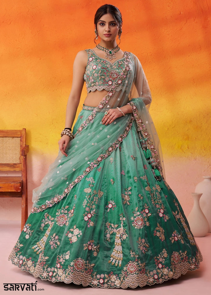 Shades Of Green Tissue Embellished Lehenga Choli with Sequins Embroidery