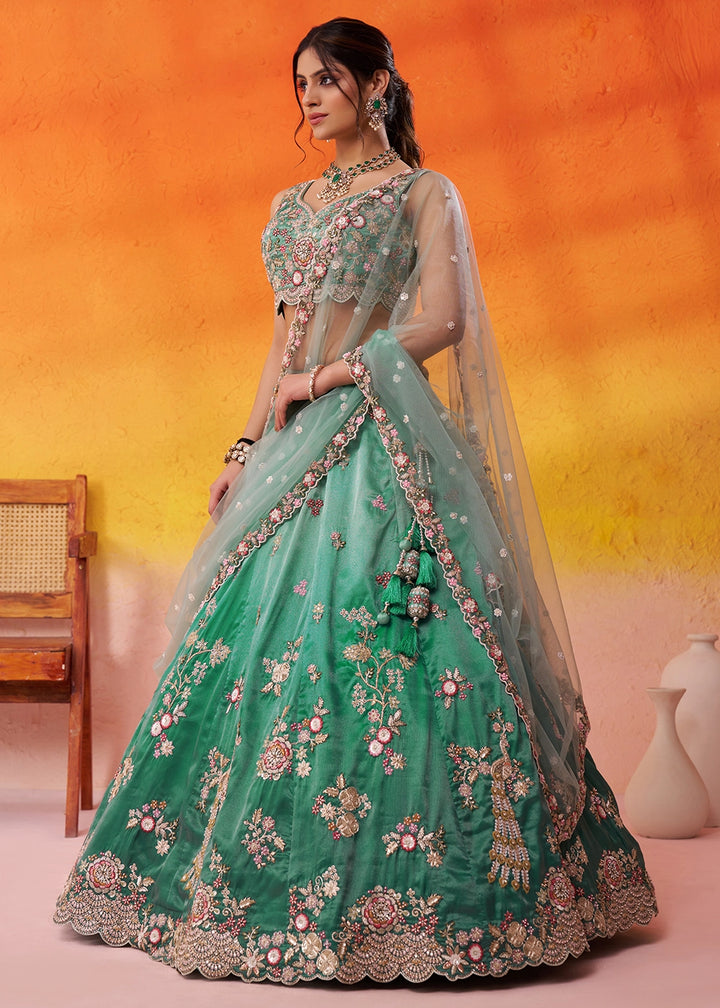 Shades Of Green Tissue Embellished Lehenga Choli with Sequins Embroidery