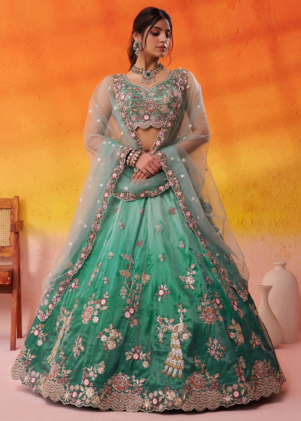 Shades Of Green Tissue Embellished Lehenga Choli with Sequins Embroidery