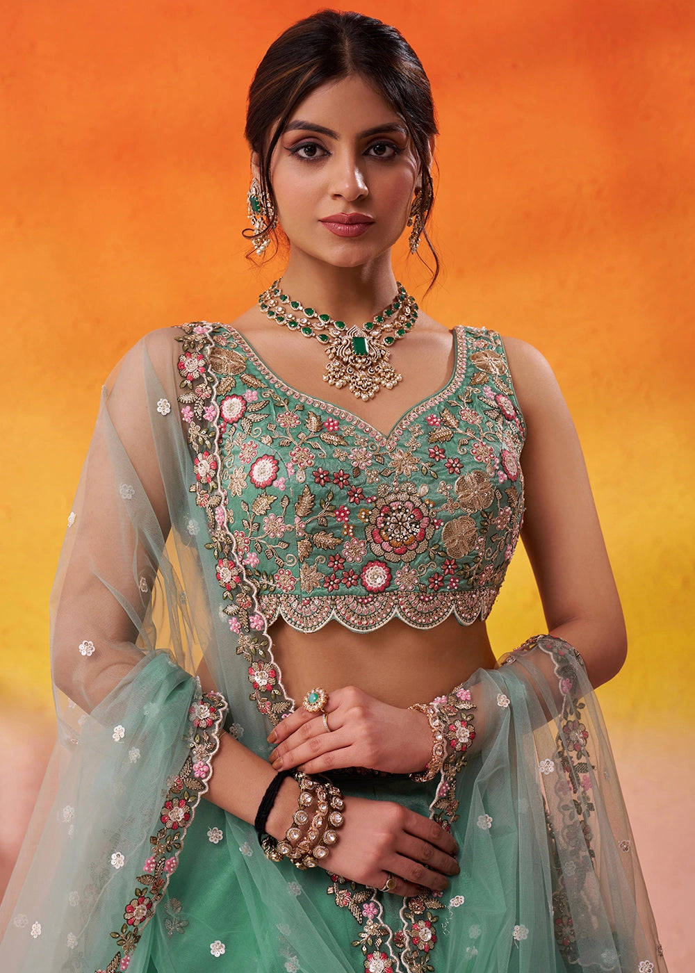 Shades Of Green Tissue Embellished Lehenga Choli with Sequins Embroidery