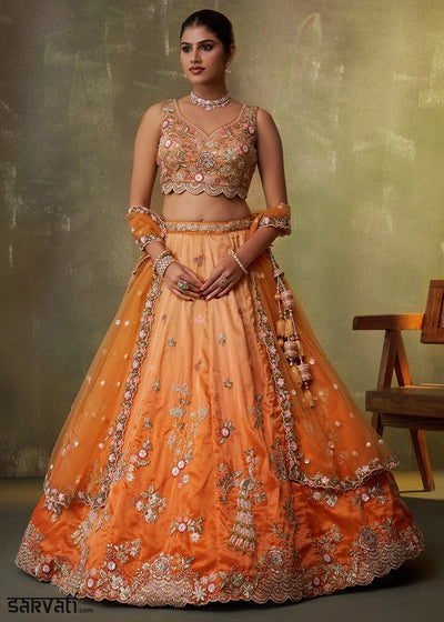 Shades Of Orange Tissue Embellished Lehenga Choli with Sequins Embroidery