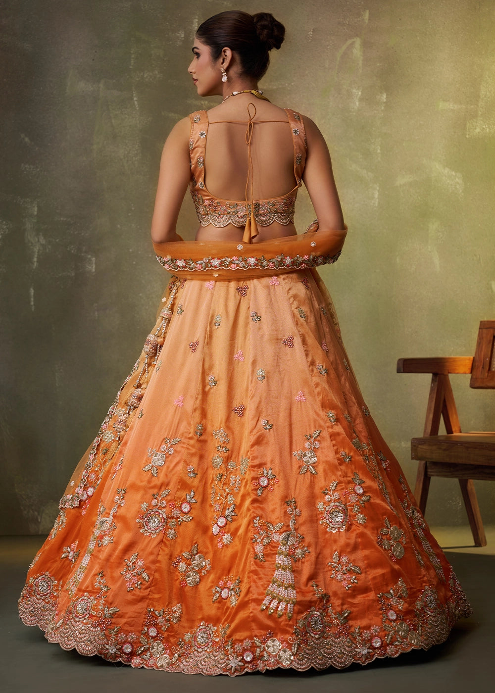 Shades Of Orange Tissue Embellished Lehenga Choli with Sequins Embroidery