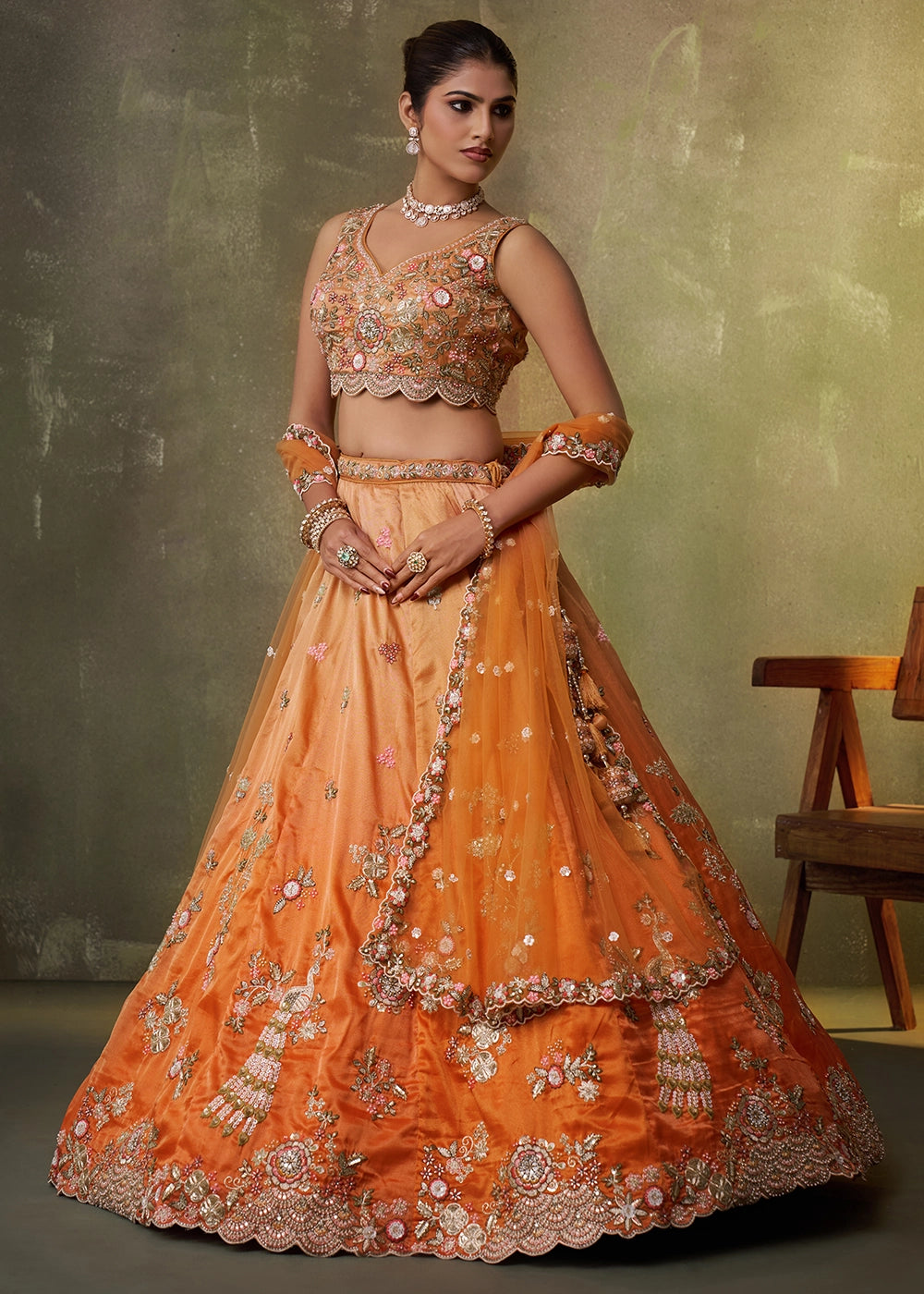 Shades Of Orange Tissue Embellished Lehenga Choli with Sequins Embroidery