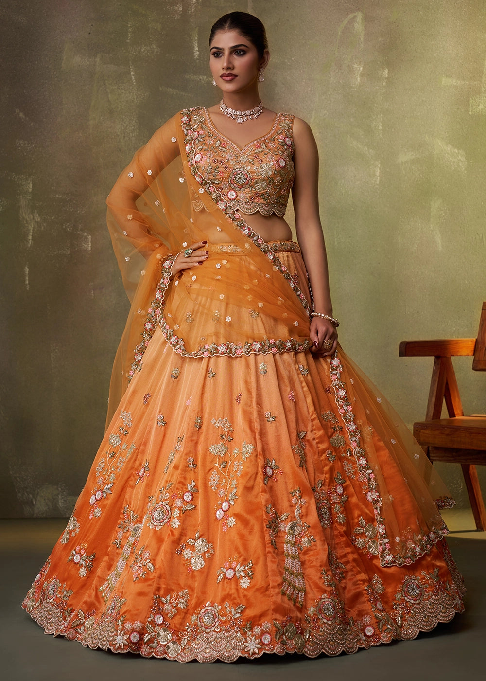 Shades Of Orange Tissue Embellished Lehenga Choli with Sequins Embroidery