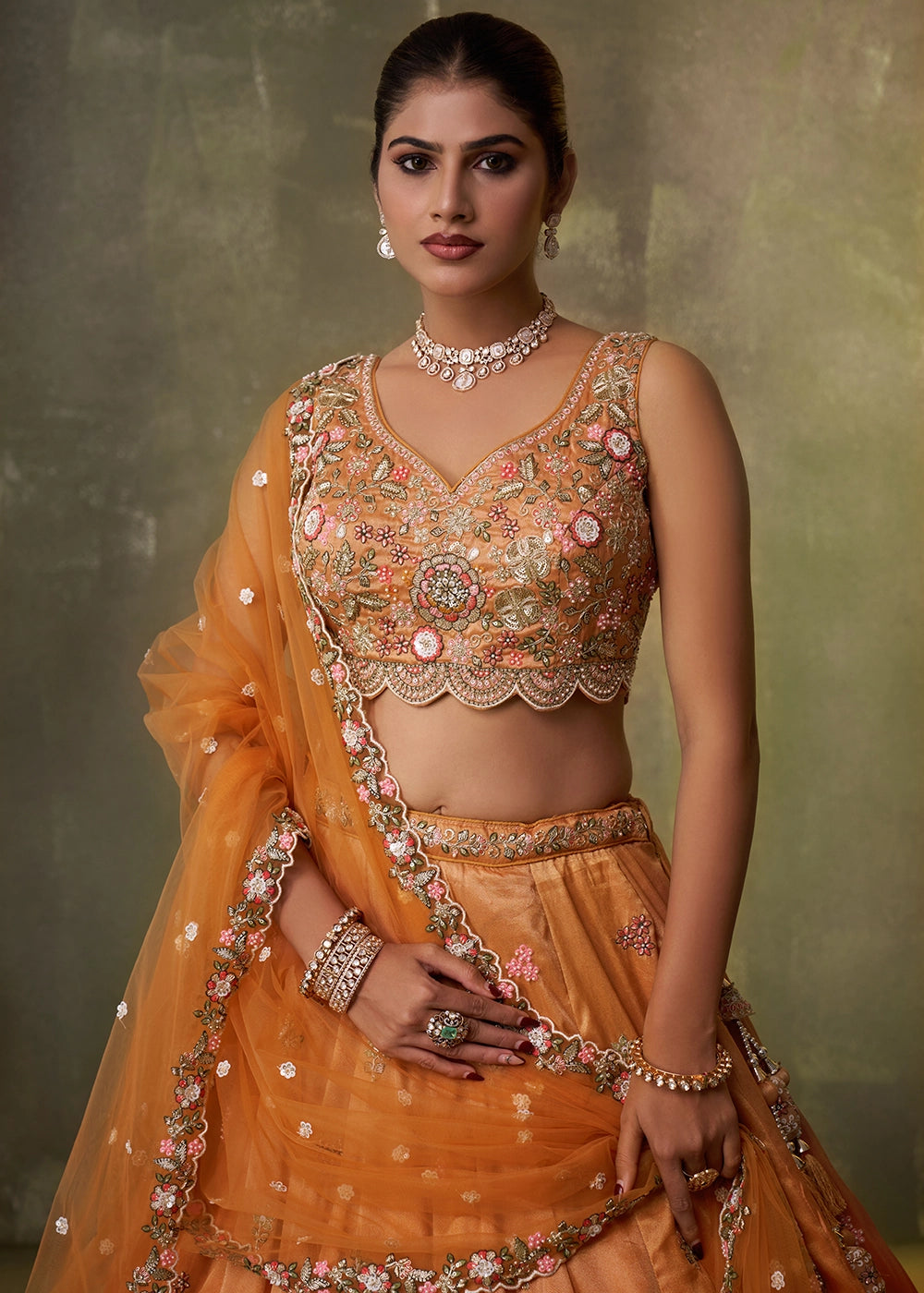 Shades Of Orange Tissue Embellished Lehenga Choli with Sequins Embroidery