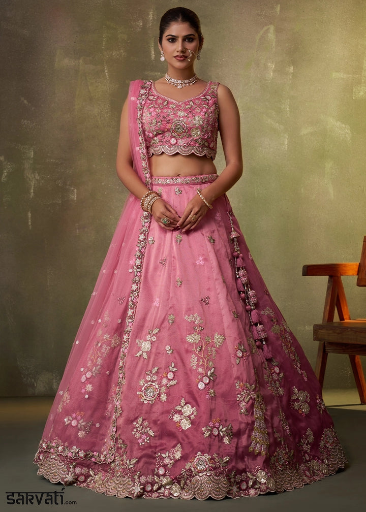 Shades Of Pink Tissue Embellished Lehenga Choli with Sequins Embroidery
