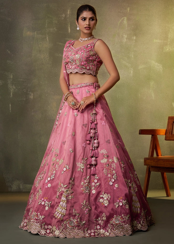 Shades Of Pink Tissue Embellished Lehenga Choli with Sequins Embroidery