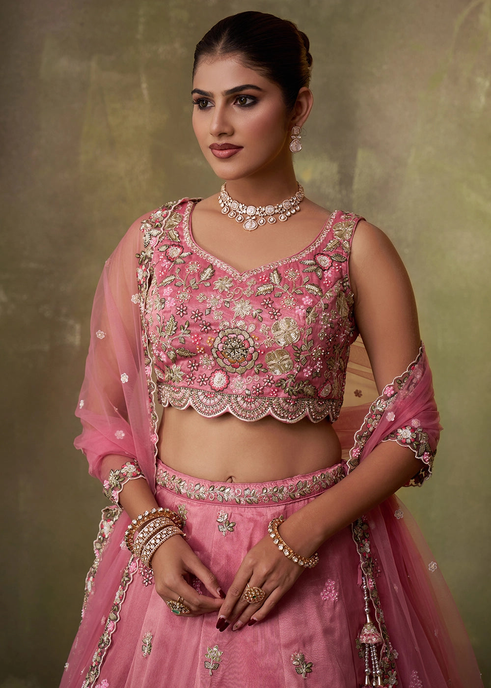 Shades Of Pink Tissue Embellished Lehenga Choli with Sequins Embroidery
