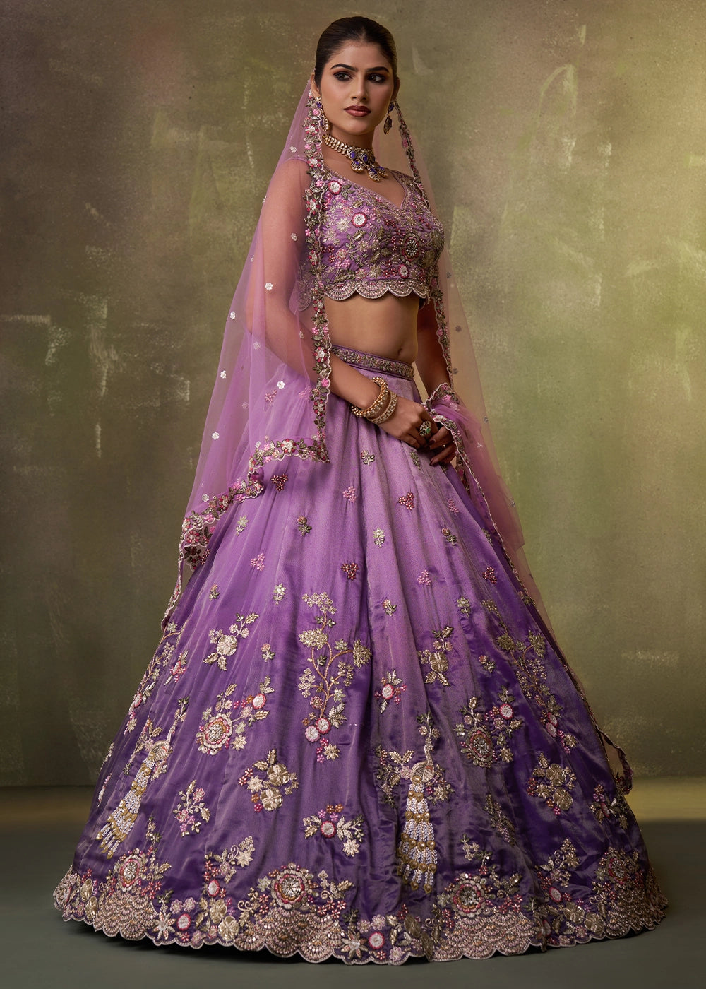 Shades Of Purple Tissue Embellished Lehenga Choli with Sequins Embroidery