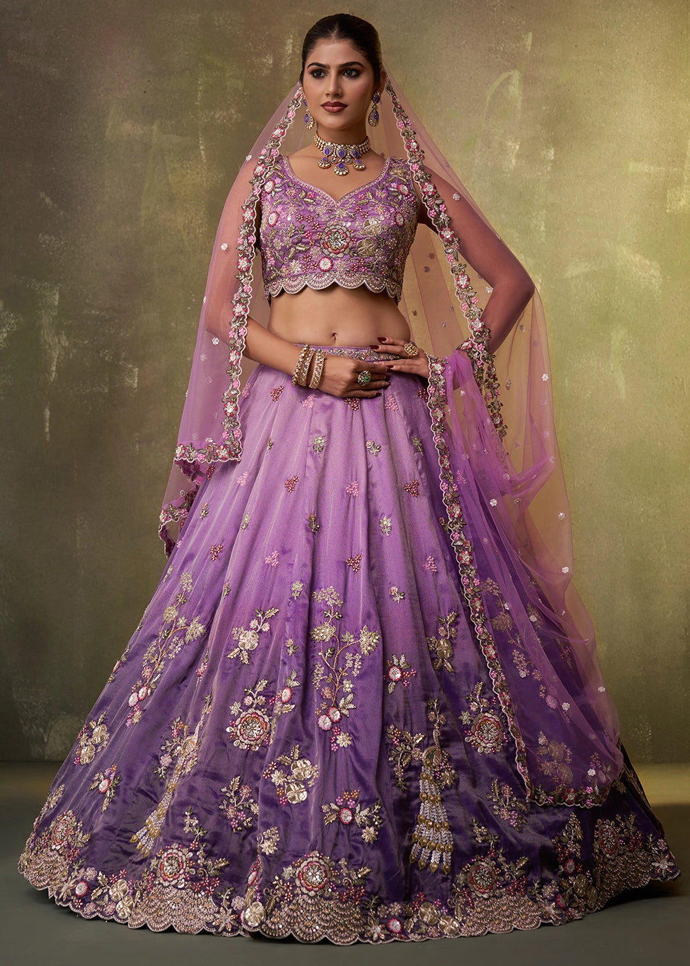 Shades Of Purple Tissue Embellished Lehenga Choli with Sequins Embroidery